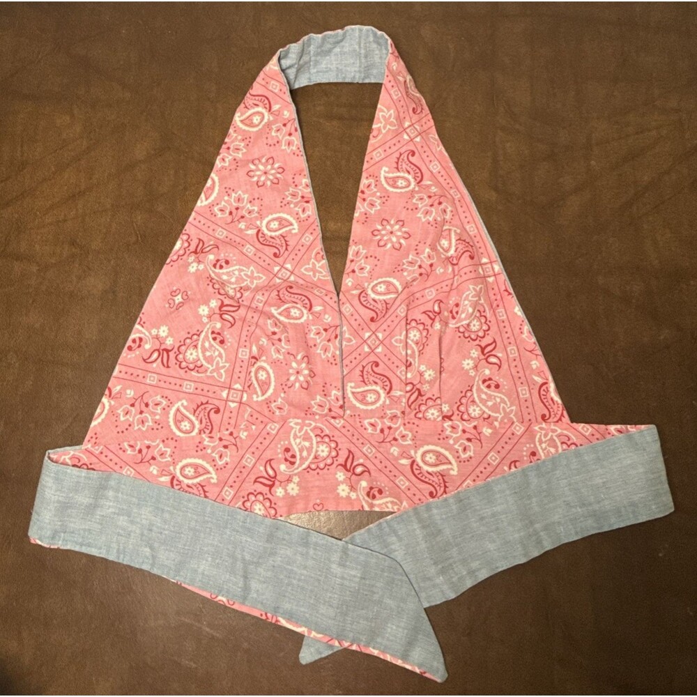 Pink Bandana Print & Denim Reversible Cotton Halter Top Retro 60s 70s Size S / M